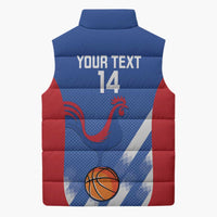 Blue, red, and white sleeveless puffer vest back with custom text, number 14, basketball graphic