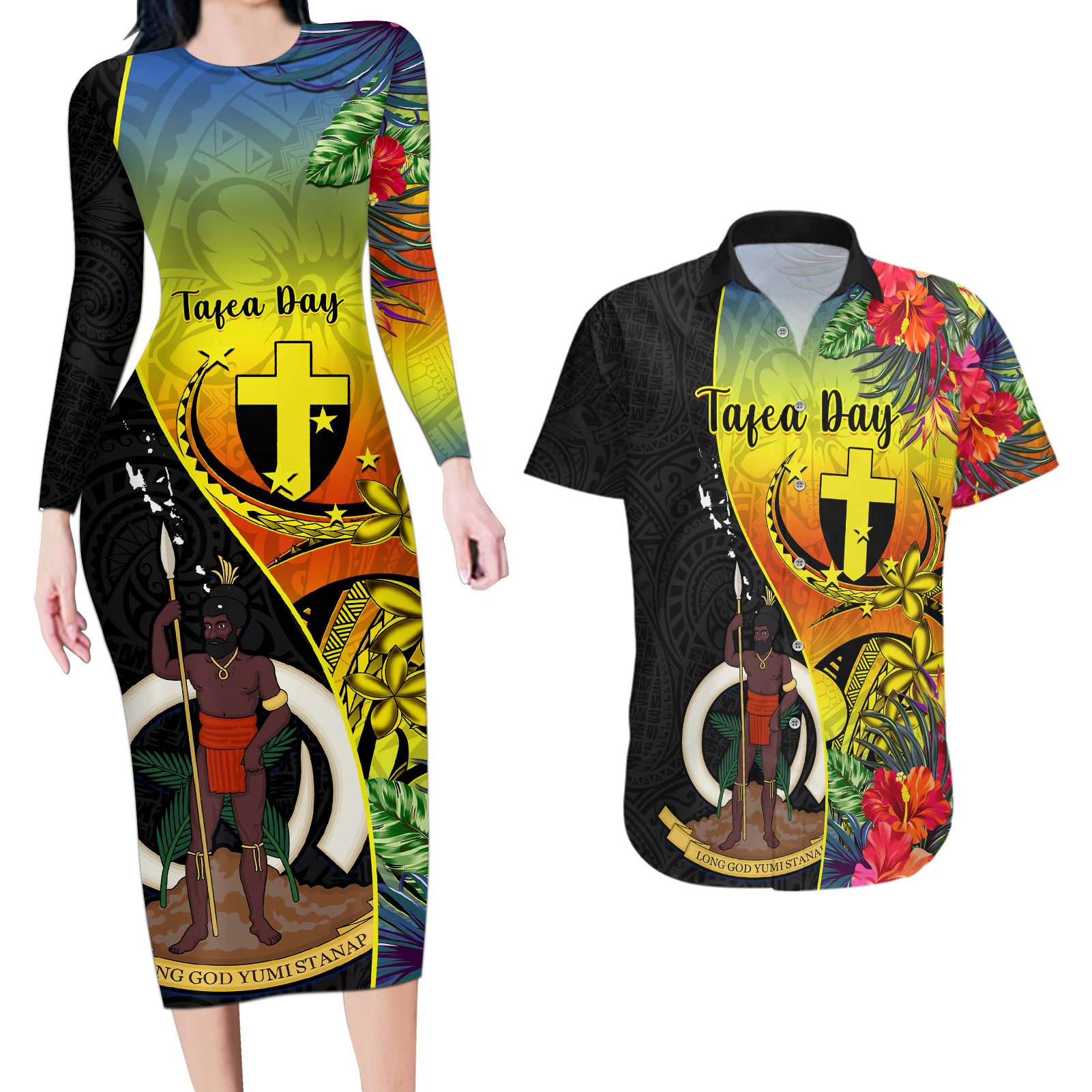 Vanuatu Tafea Day Couples Matching Long Sleeve Bodycon Dress and Hawaiian Shirt Coat Of Arms Mix Tropical Flowers - Wonder Print Shop