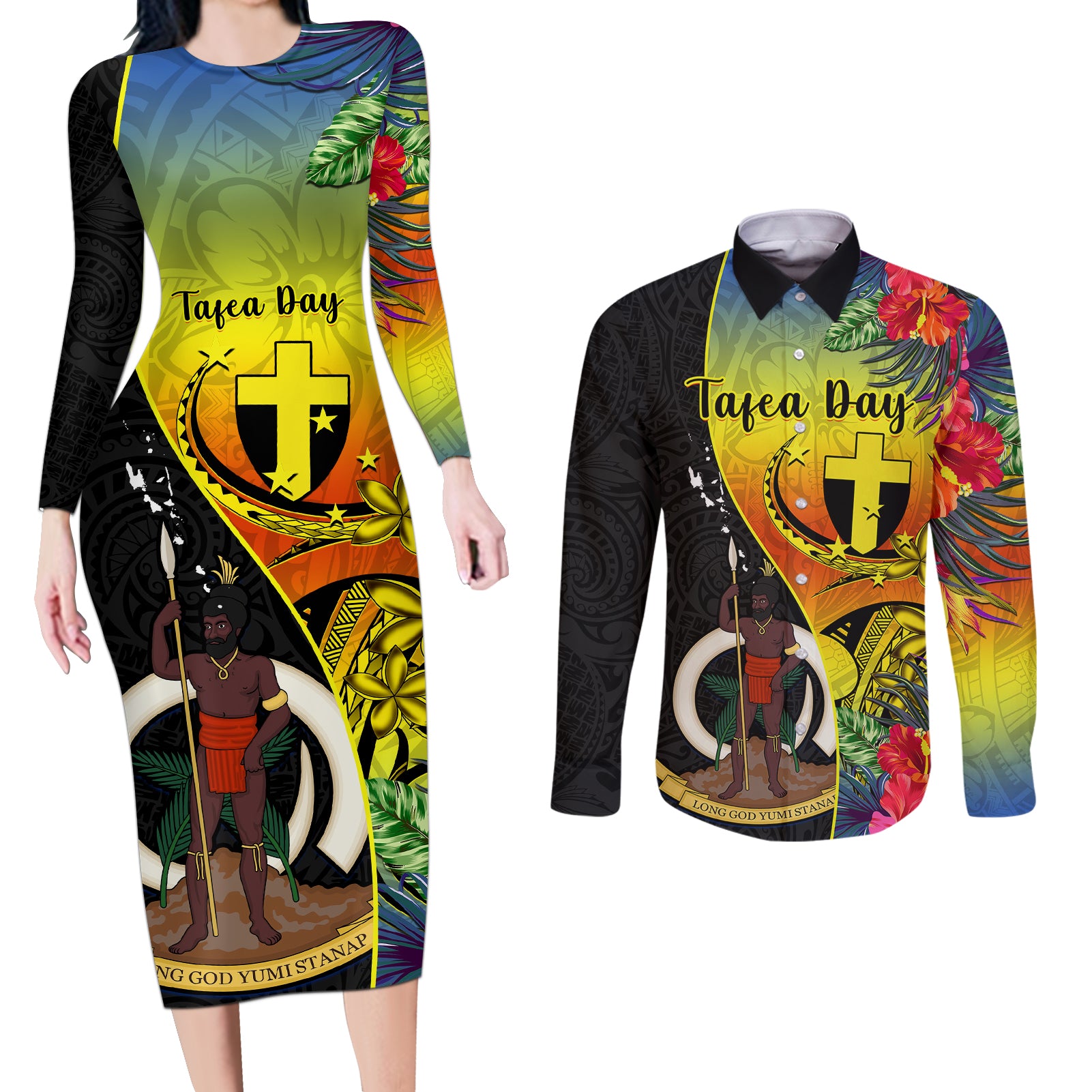 Vanuatu Tafea Day Couples Matching Long Sleeve Bodycon Dress and Long Sleeve Button Shirts Coat Of Arms Mix Tropical Flowers - Wonder Print Shop