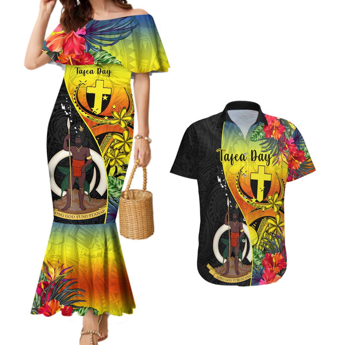 Vanuatu Tafea Day Couples Matching Mermaid Dress and Hawaiian Shirt Coat Of Arms Mix Tropical Flowers - Wonder Print Shop