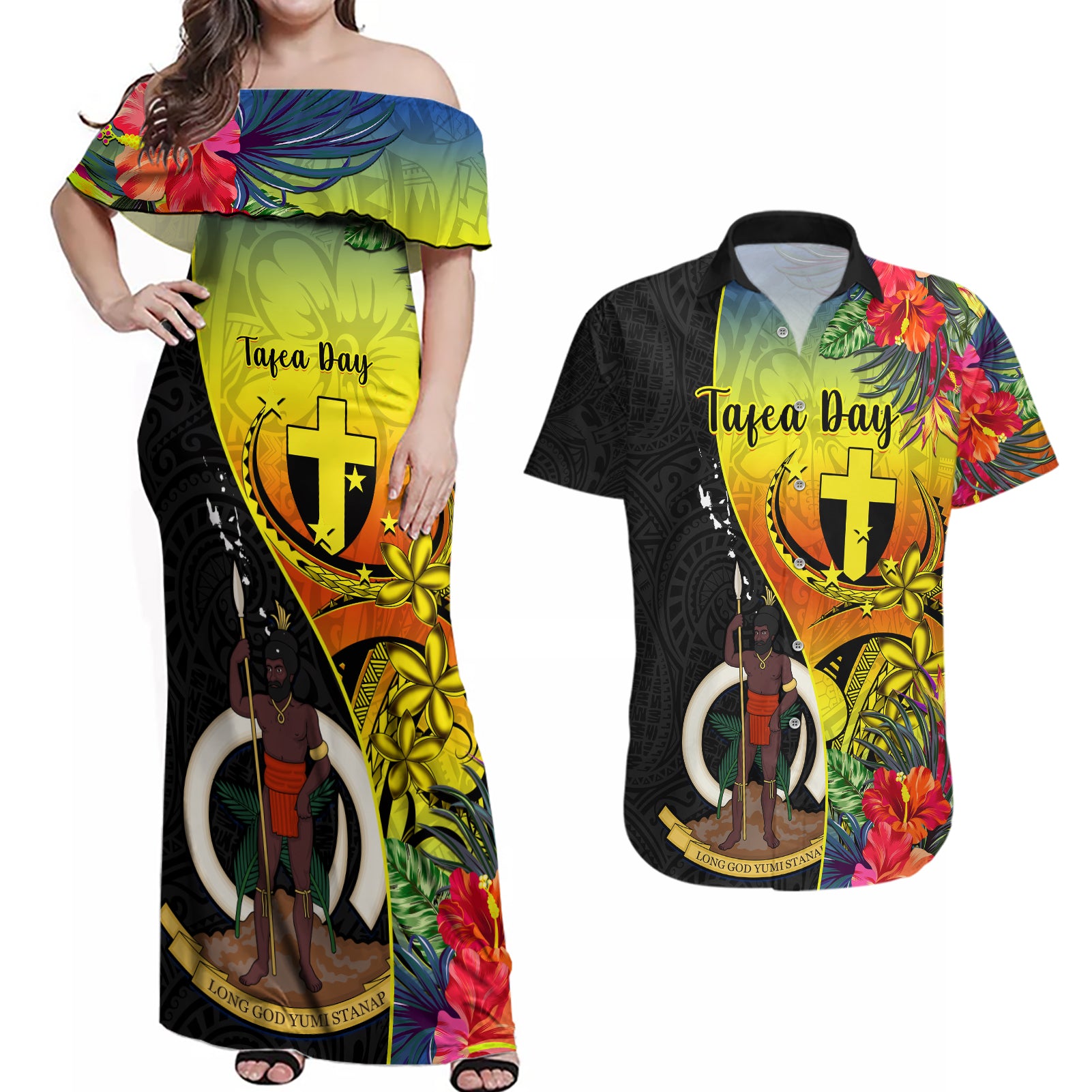 Vanuatu Tafea Day Couples Matching Off Shoulder Maxi Dress and Hawaiian Shirt Coat Of Arms Mix Tropical Flowers - Wonder Print Shop