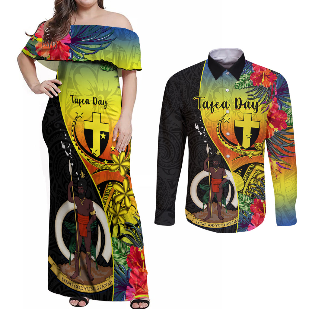 Vanuatu Tafea Day Couples Matching Off Shoulder Maxi Dress and Long Sleeve Button Shirts Coat Of Arms Mix Tropical Flowers - Wonder Print Shop