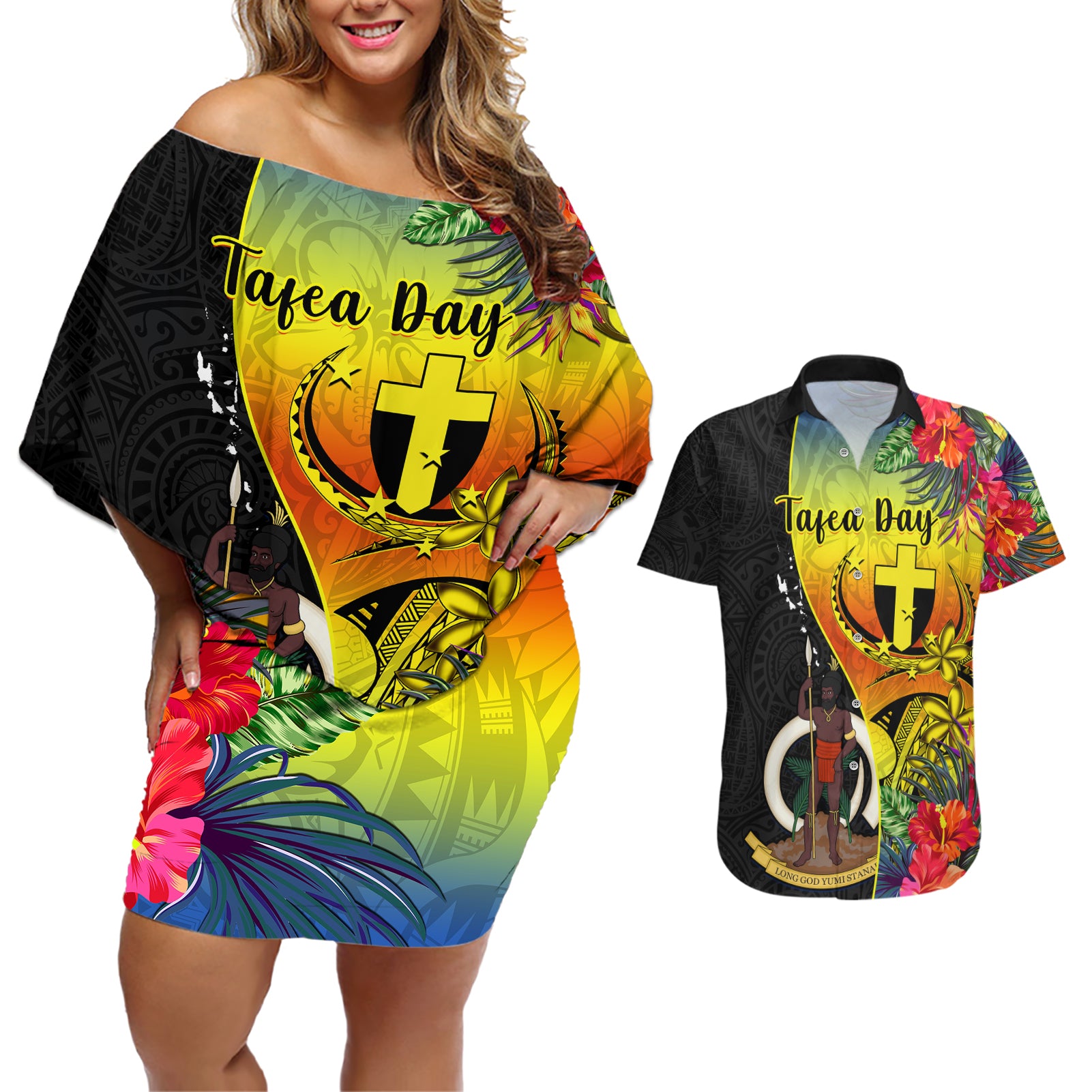 Vanuatu Tafea Day Couples Matching Off Shoulder Short Dress and Hawaiian Shirt Coat Of Arms Mix Tropical Flowers - Wonder Print Shop