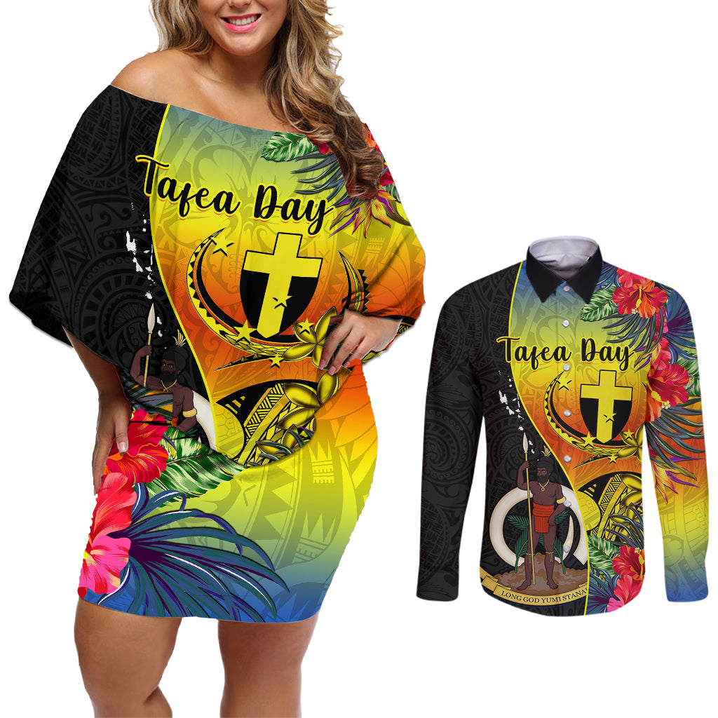 Vanuatu Tafea Day Couples Matching Off Shoulder Short Dress and Long Sleeve Button Shirts Coat Of Arms Mix Tropical Flowers - Wonder Print Shop