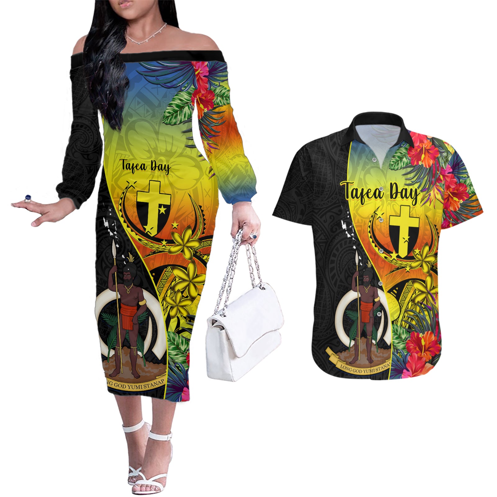 Vanuatu Tafea Day Couples Matching Off The Shoulder Long Sleeve Dress and Hawaiian Shirt Coat Of Arms Mix Tropical Flowers - Wonder Print Shop