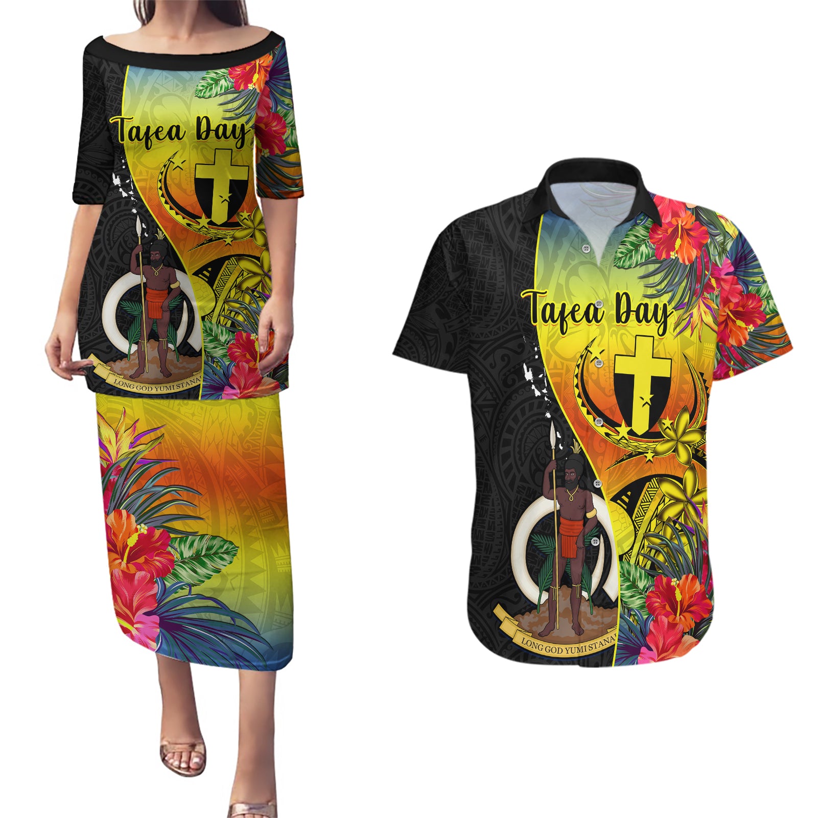 Vanuatu Tafea Day Couples Matching Puletasi Dress and Hawaiian Shirt Coat Of Arms Mix Tropical Flowers - Wonder Print Shop