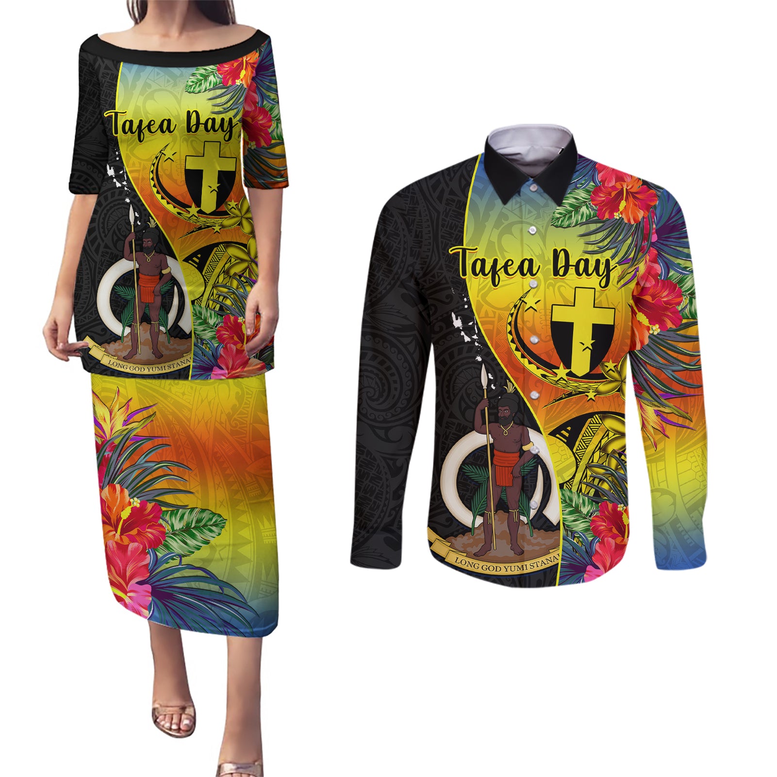 Vanuatu Tafea Day Couples Matching Puletasi Dress and Long Sleeve Button Shirts Coat Of Arms Mix Tropical Flowers - Wonder Print Shop