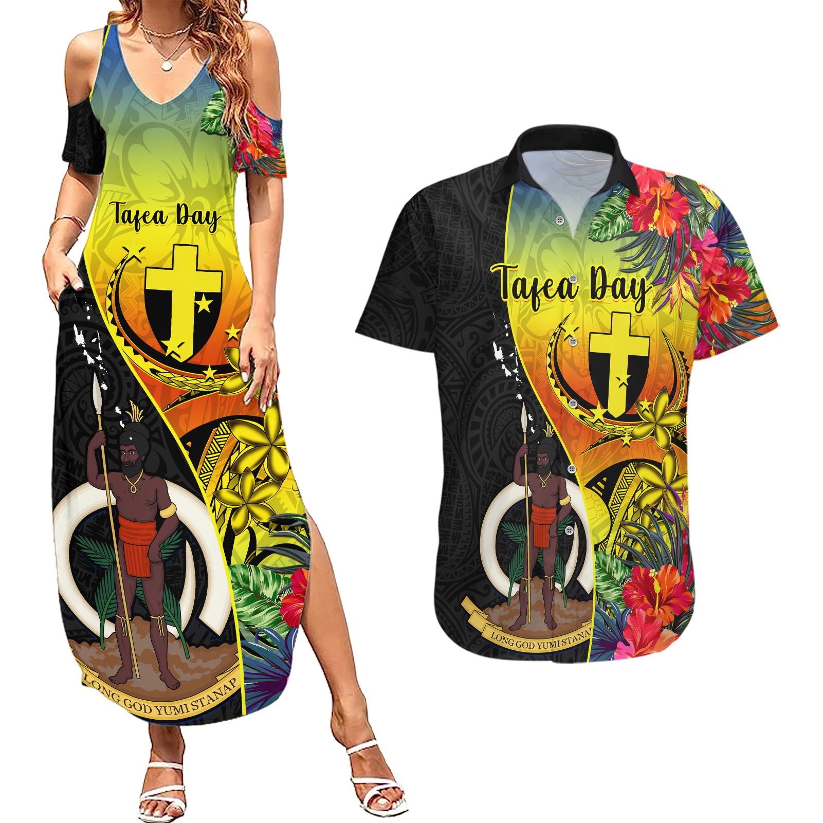 Vanuatu Tafea Day Couples Matching Summer Maxi Dress and Hawaiian Shirt Coat Of Arms Mix Tropical Flowers - Wonder Print Shop