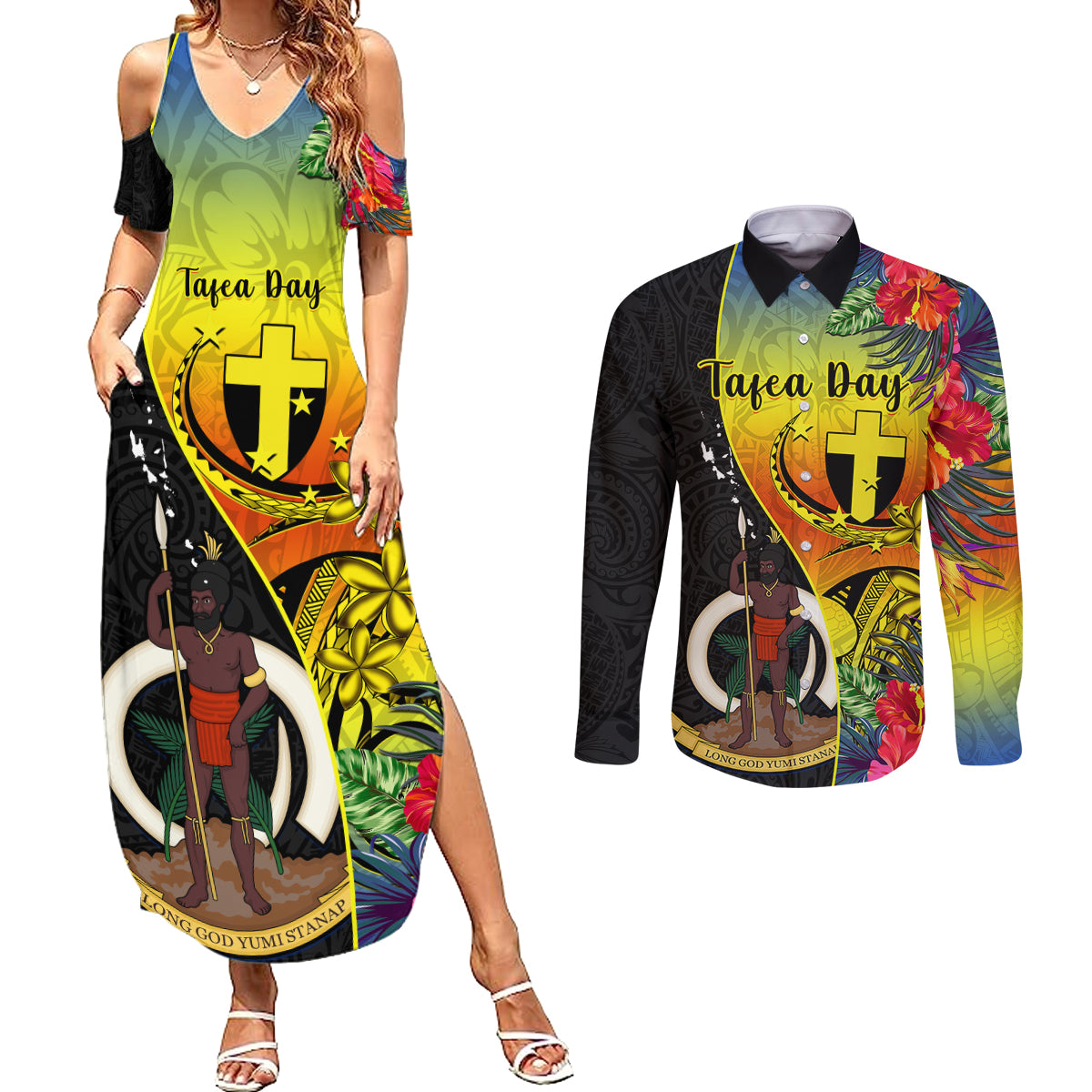 Vanuatu Tafea Day Couples Matching Summer Maxi Dress and Long Sleeve Button Shirts Coat Of Arms Mix Tropical Flowers - Wonder Print Shop