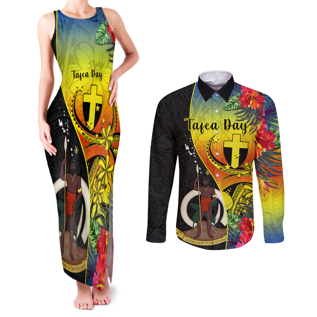 Vanuatu Tafea Day Couples Matching Tank Maxi Dress and Long Sleeve Button Shirts Coat Of Arms Mix Tropical Flowers - Wonder Print Shop