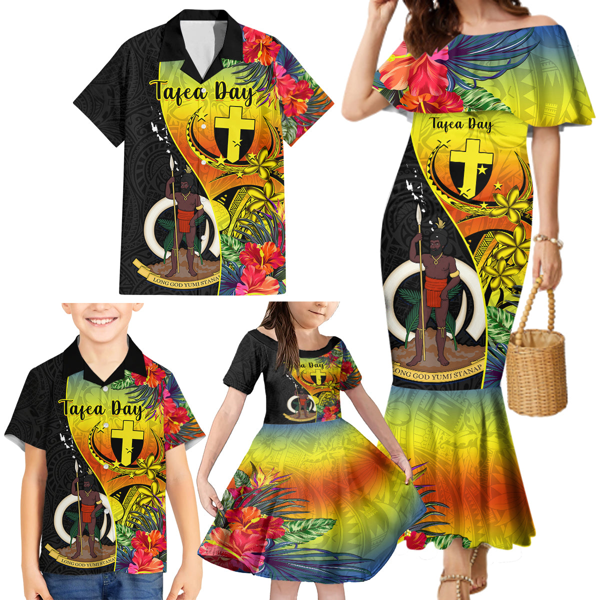 Vanuatu Tafea Day Family Matching Mermaid Dress and Hawaiian Shirt Coat Of Arms Mix Tropical Flowers - Wonder Print Shop