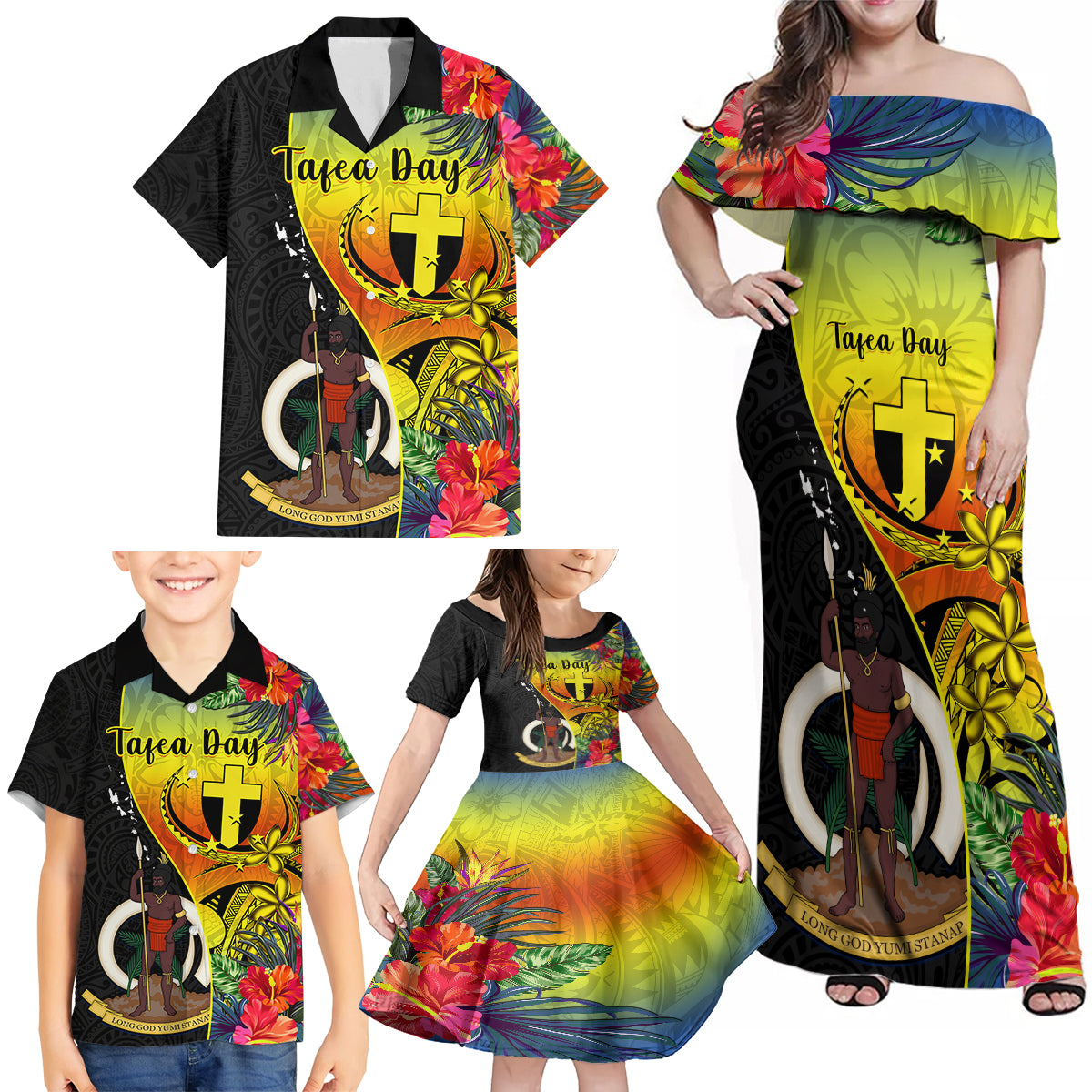 Vanuatu Tafea Day Family Matching Off Shoulder Maxi Dress and Hawaiian Shirt Coat Of Arms Mix Tropical Flowers - Wonder Print Shop