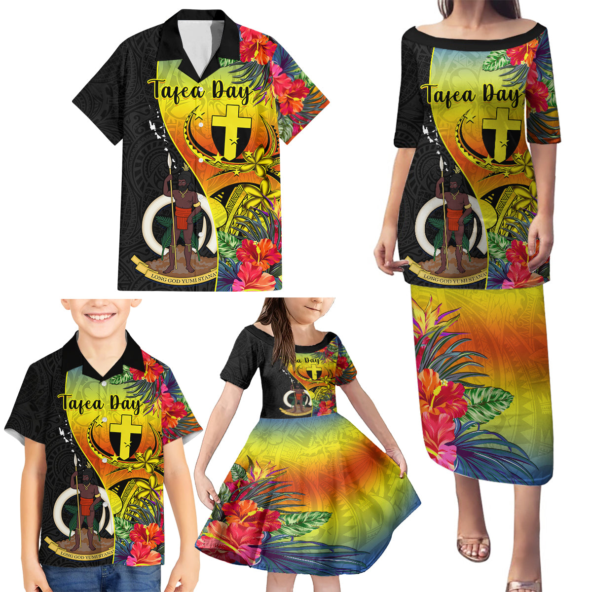 Vanuatu Tafea Day Family Matching Puletasi Dress and Hawaiian Shirt Coat Of Arms Mix Tropical Flowers - Wonder Print Shop