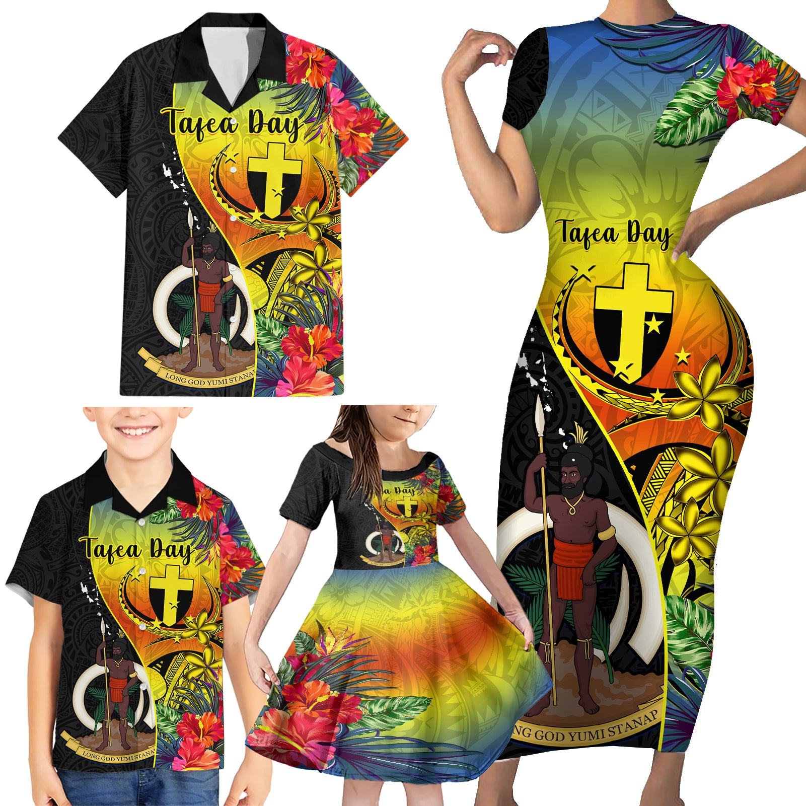 Vanuatu Tafea Day Family Matching Short Sleeve Bodycon Dress and Hawaiian Shirt Coat Of Arms Mix Tropical Flowers - Wonder Print Shop