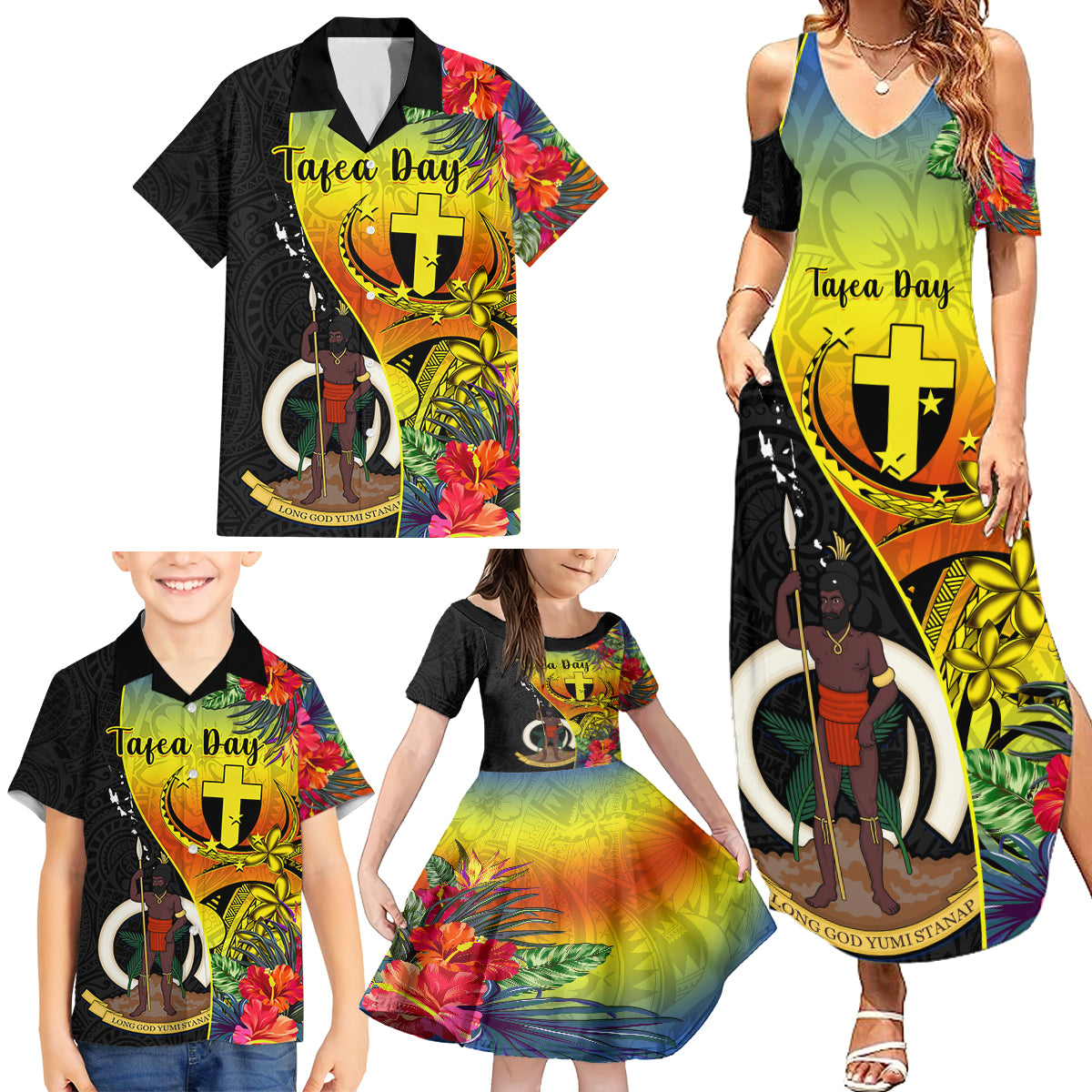 Vanuatu Tafea Day Family Matching Summer Maxi Dress and Hawaiian Shirt Coat Of Arms Mix Tropical Flowers - Wonder Print Shop