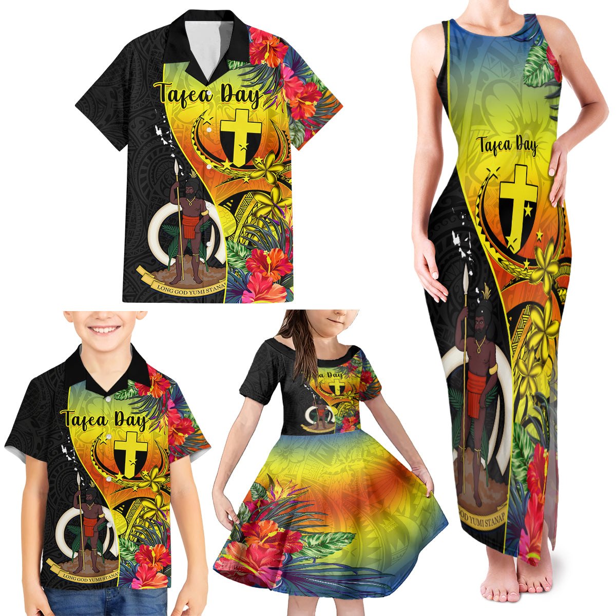 Vanuatu Tafea Day Family Matching Tank Maxi Dress and Hawaiian Shirt Coat Of Arms Mix Tropical Flowers - Wonder Print Shop