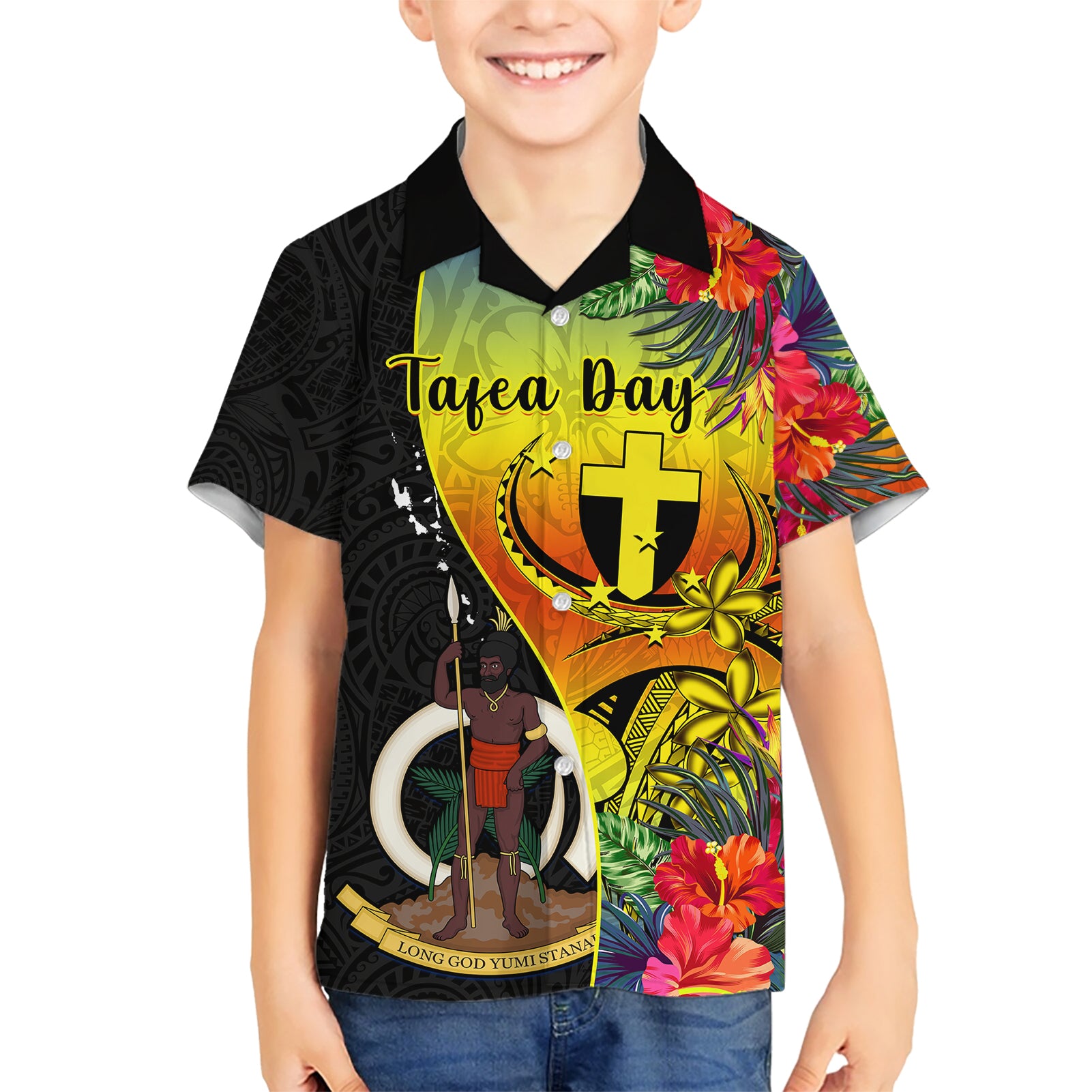 Vanuatu Tafea Day Kid Hawaiian Shirt Coat Of Arms Mix Tropical Flowers - Wonder Print Shop