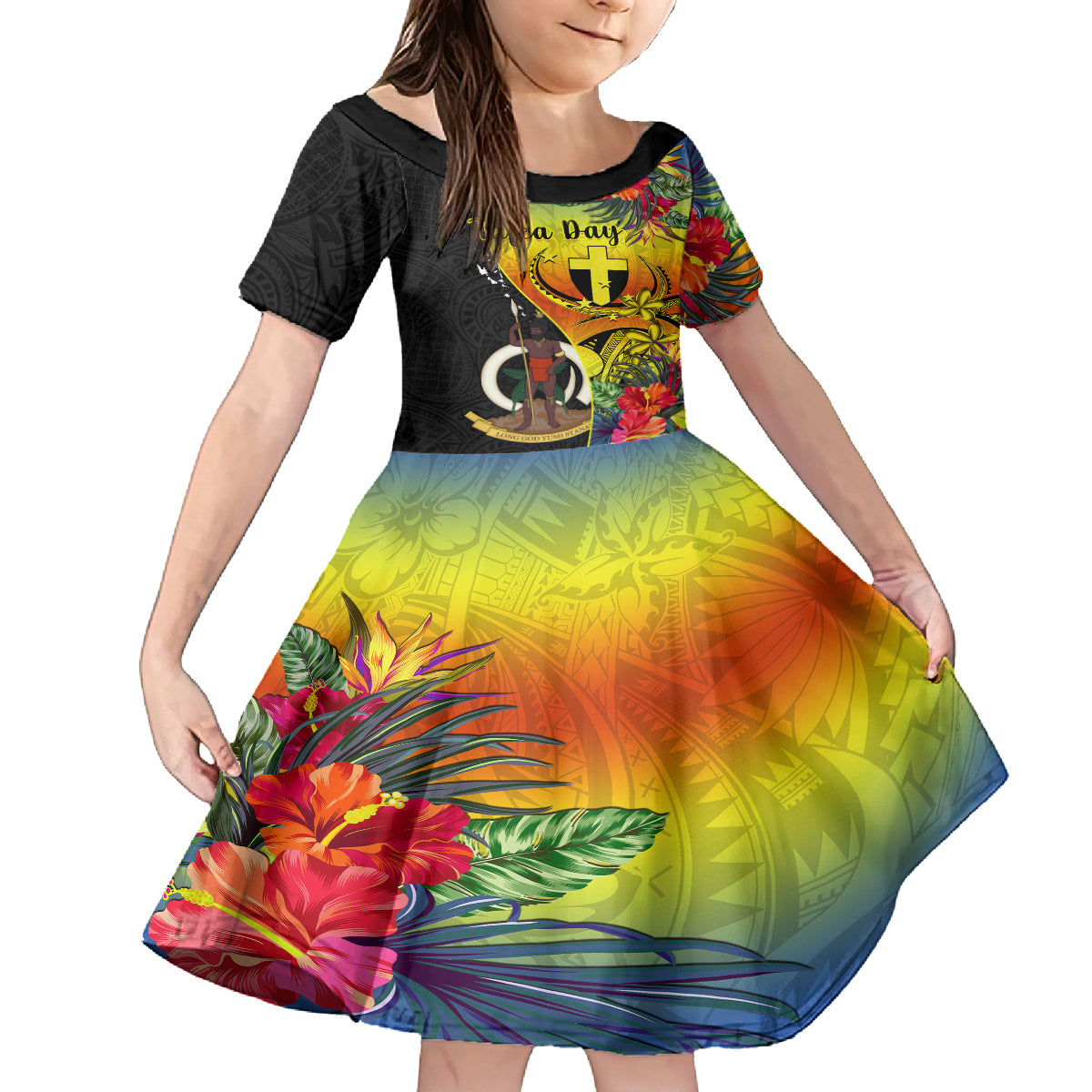 Vanuatu Tafea Day Kid Short Sleeve Dress Coat Of Arms Mix Tropical Flowers - Wonder Print Shop