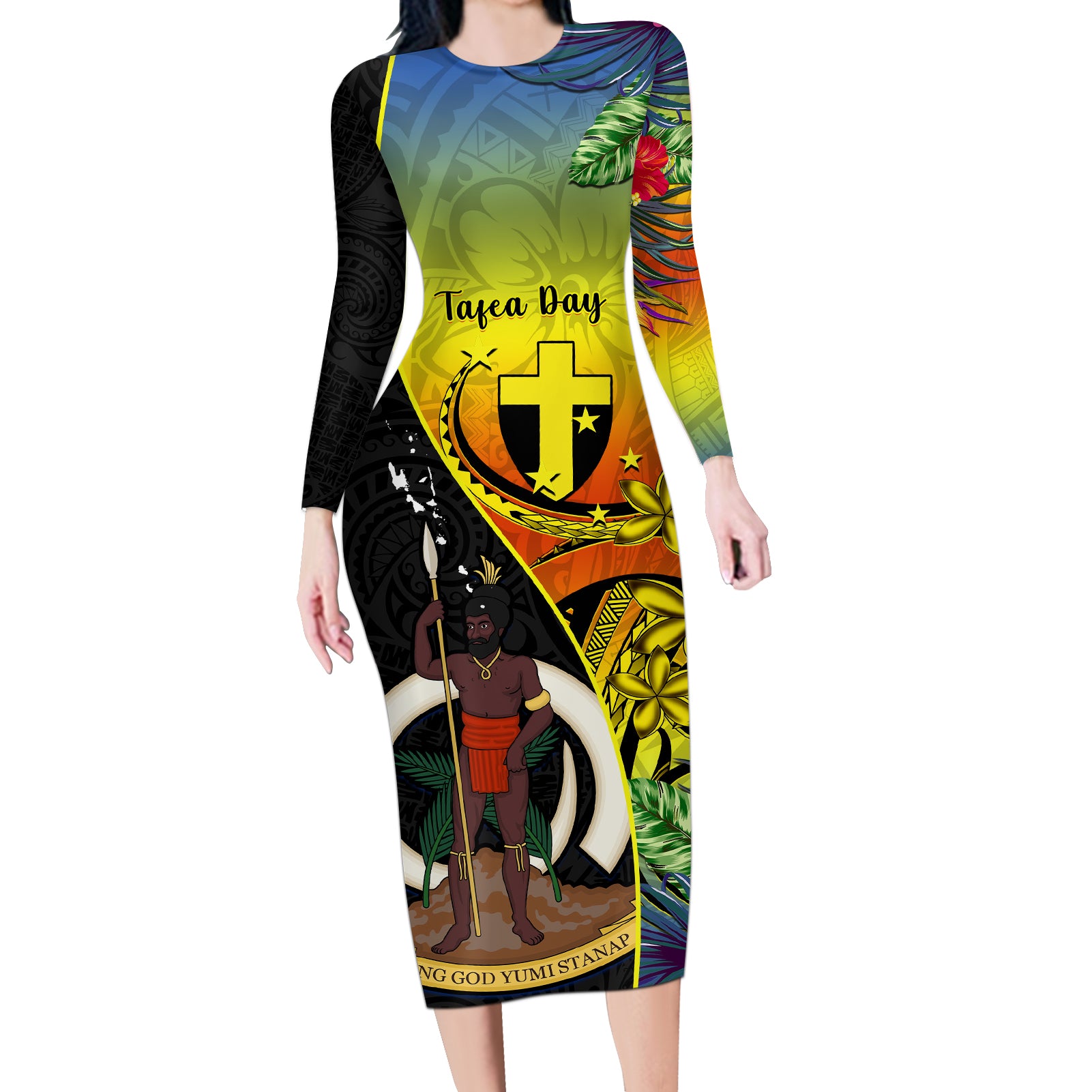 Vanuatu Tafea Day Long Sleeve Bodycon Dress Coat Of Arms Mix Tropical Flowers - Wonder Print Shop