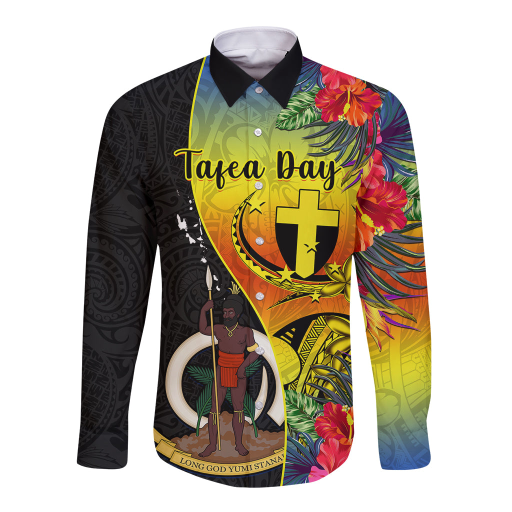 Black long-sleeve button-up shirt with colorful crest and tropical floral print