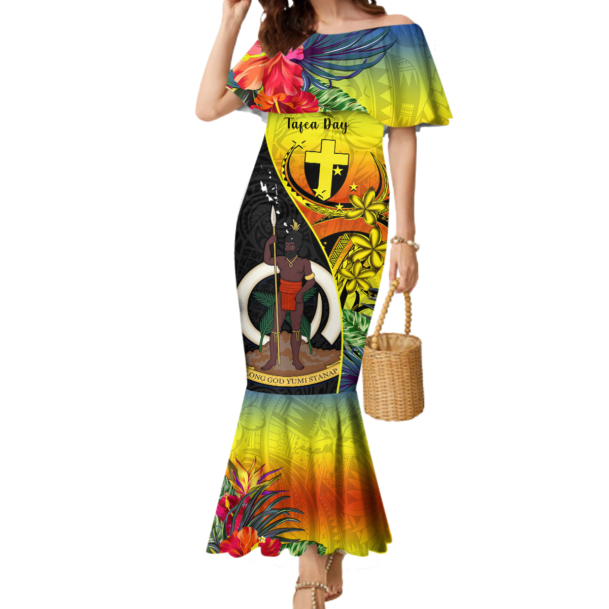 Vanuatu Tafea Day Mermaid Dress Coat Of Arms Mix Tropical Flowers - Wonder Print Shop