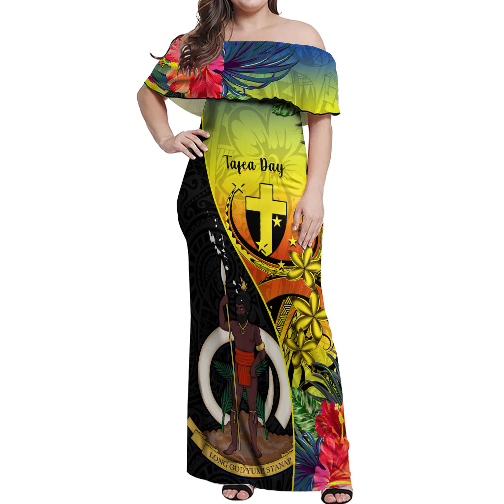 Vanuatu Tafea Day Off Shoulder Maxi Dress Coat Of Arms Mix Tropical Flowers - Wonder Print Shop