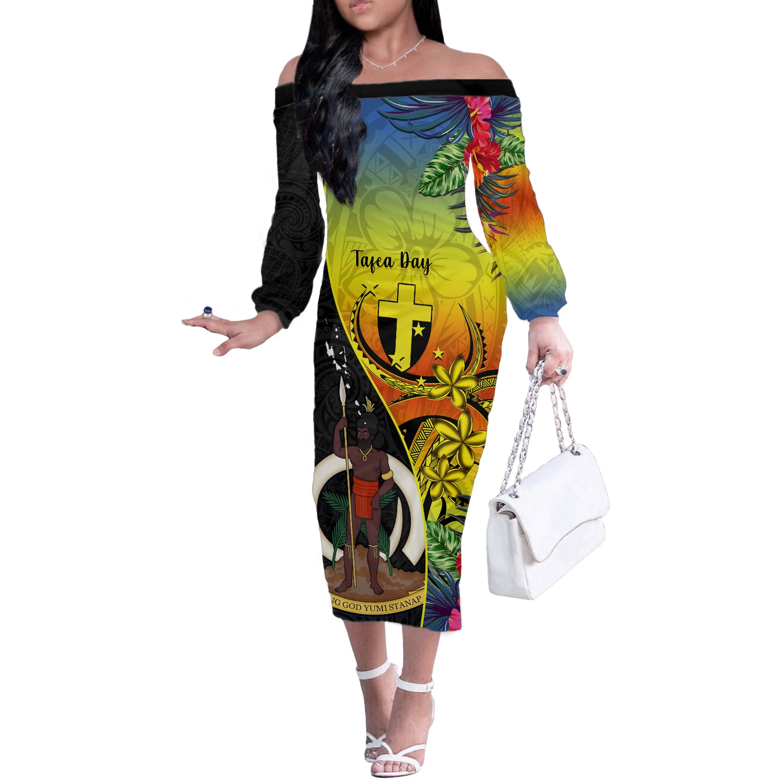 Vanuatu Tafea Day Off The Shoulder Long Sleeve Dress Coat Of Arms Mix Tropical Flowers - Wonder Print Shop