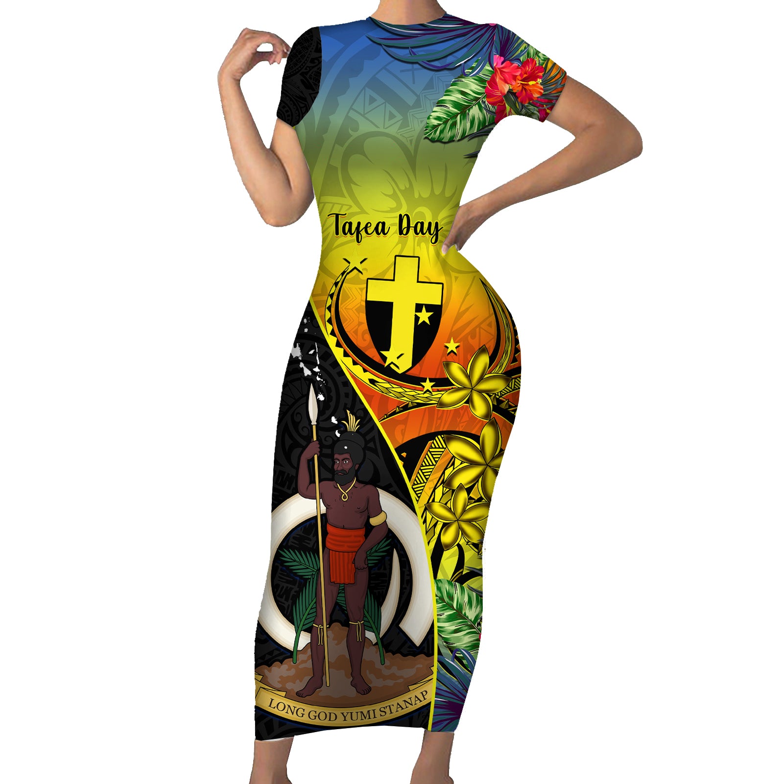 Vanuatu Tafea Day Short Sleeve Bodycon Dress Coat Of Arms Mix Tropical Flowers - Wonder Print Shop