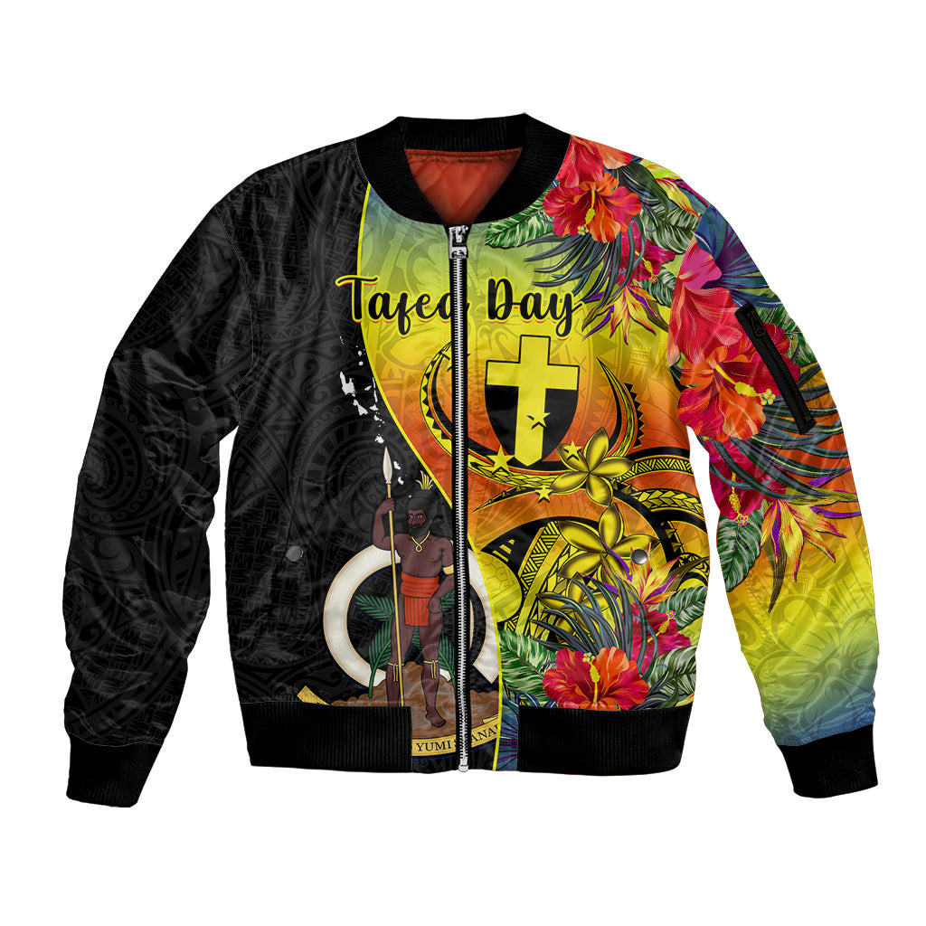 Vanuatu Tafea Day Sleeve Zip Bomber Jacket Coat Of Arms Mix Tropical Flowers - Wonder Print Shop