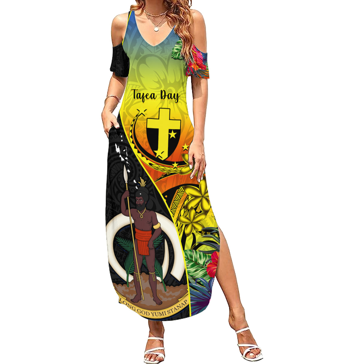 Vanuatu Tafea Day Summer Maxi Dress Coat Of Arms Mix Tropical Flowers - Wonder Print Shop