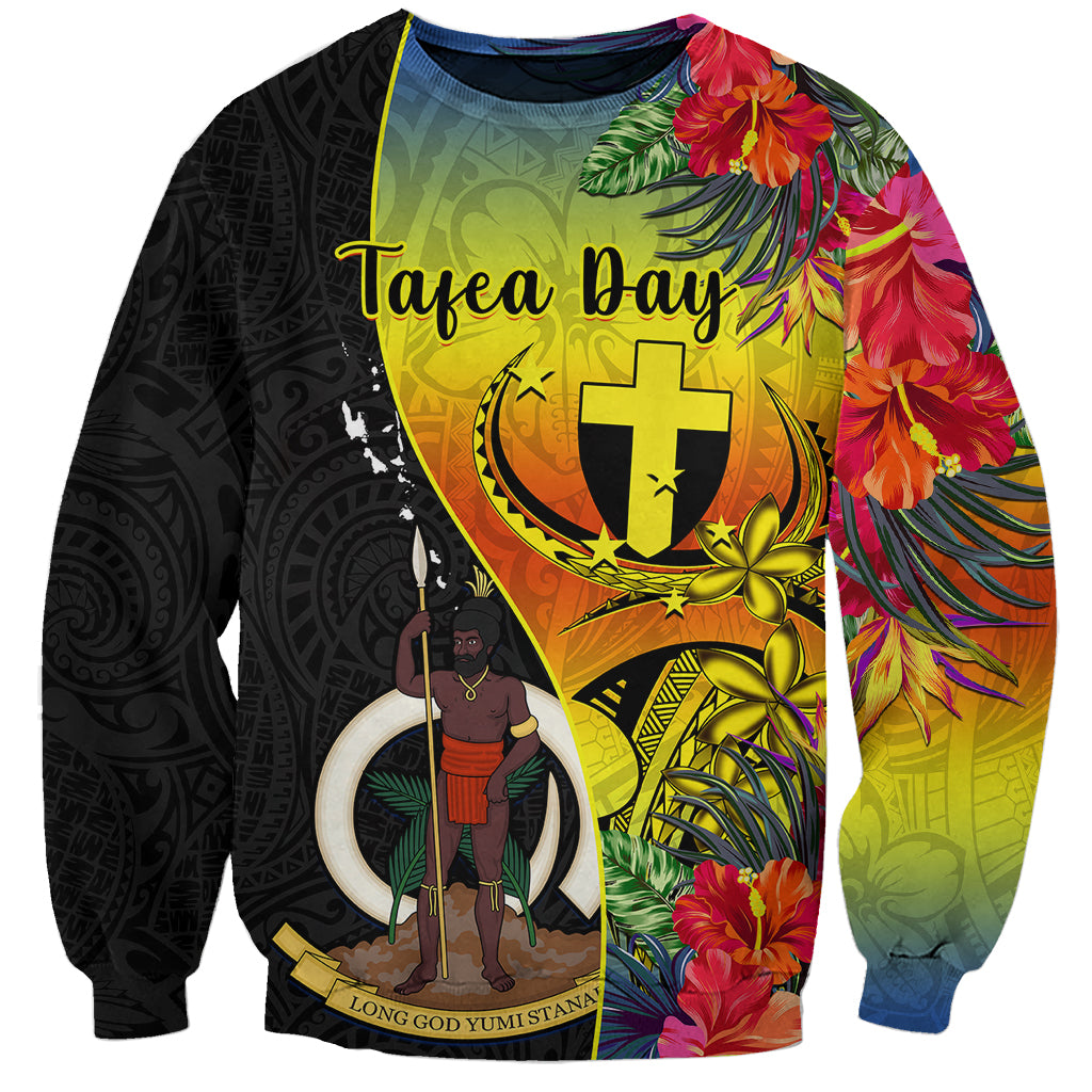 Unisex sweatshirt with colorful crest, tropical flowers, and Tafea Bay text; black sleeves