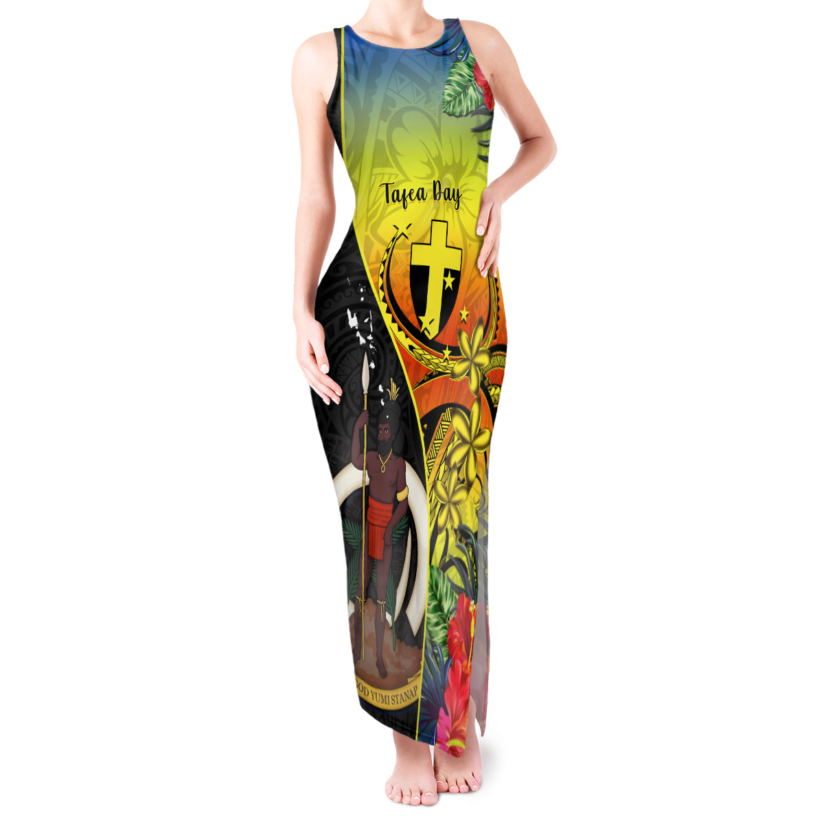 Vanuatu Tafea Day Tank Maxi Dress Coat Of Arms Mix Tropical Flowers - Wonder Print Shop