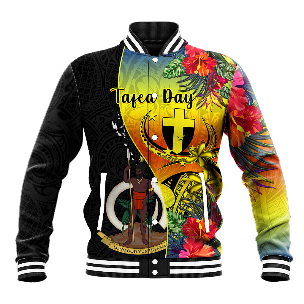 Black varsity baseball jacket with tropical floral sleeves and crest graphic, snap button front