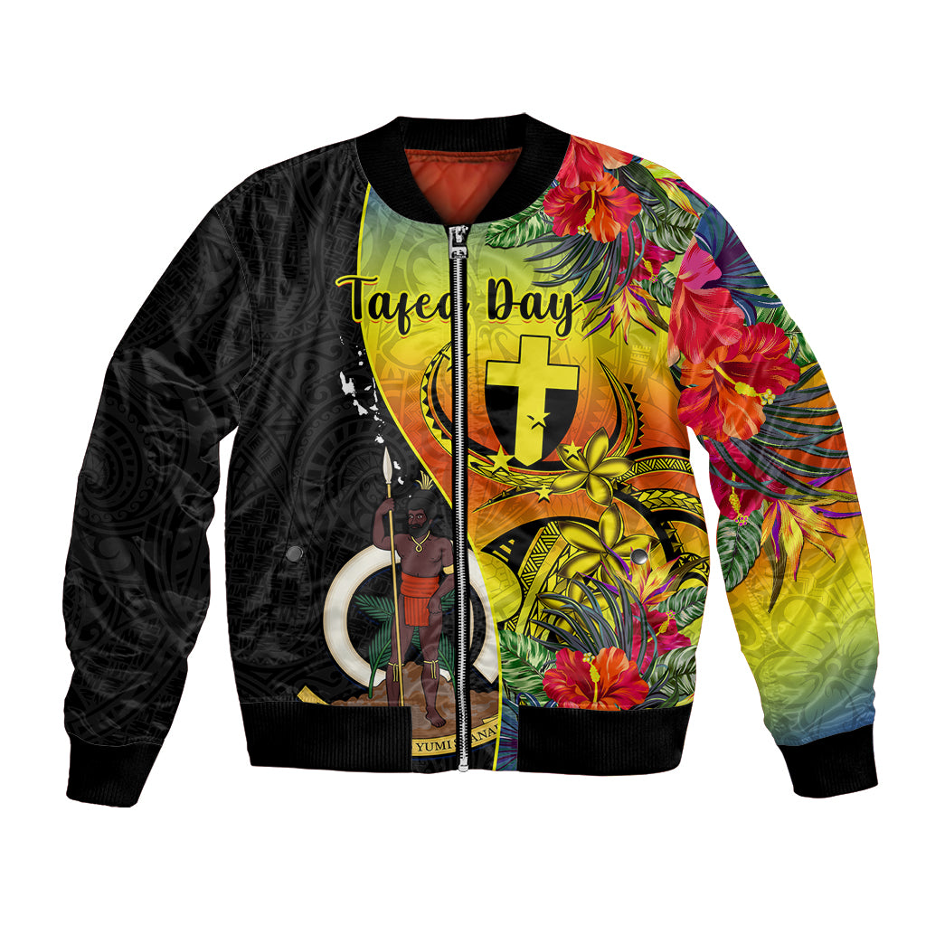 Black unisex bomber jacket with tropical flower and shield graphic, front zip