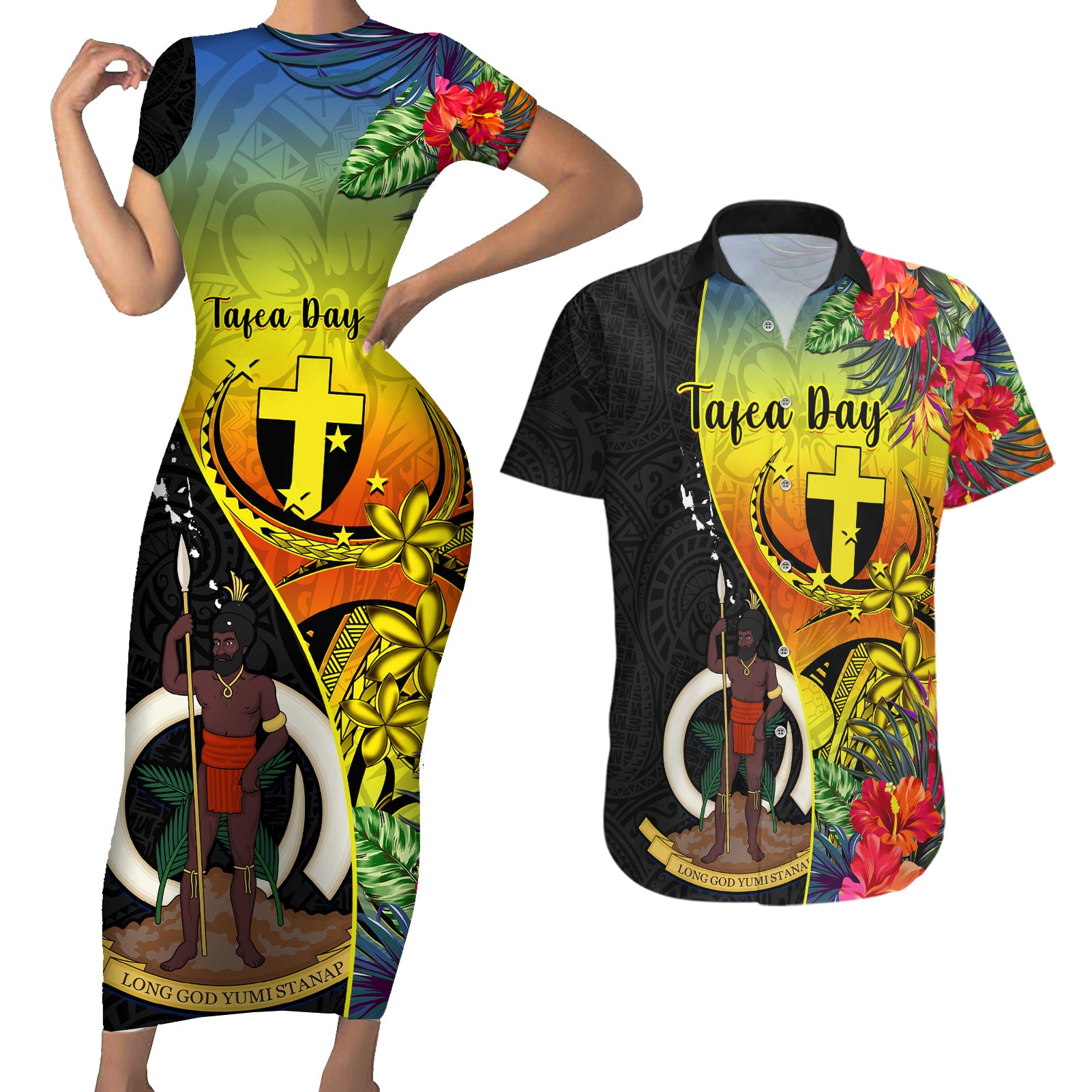 Personalised Vanuatu Tafea Day Couples Matching Short Sleeve Bodycon Dress and Hawaiian Shirt Coat Of Arms Mix Tropical Flowers - Wonder Print Shop