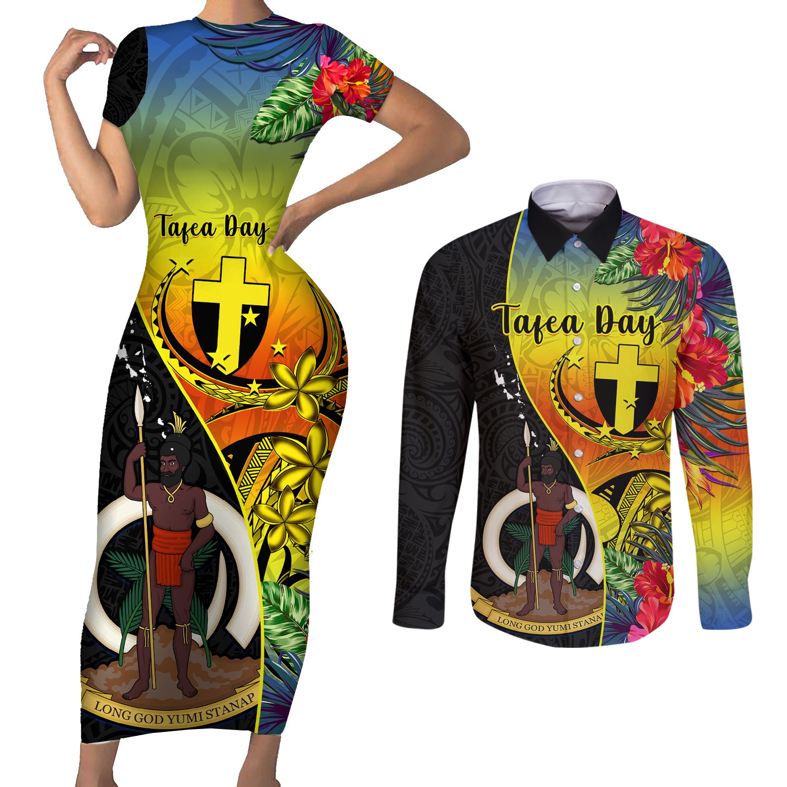 Personalised Vanuatu Tafea Day Couples Matching Short Sleeve Bodycon Dress and Long Sleeve Button Shirts Coat Of Arms Mix Tropical Flowers - Wonder Print Shop