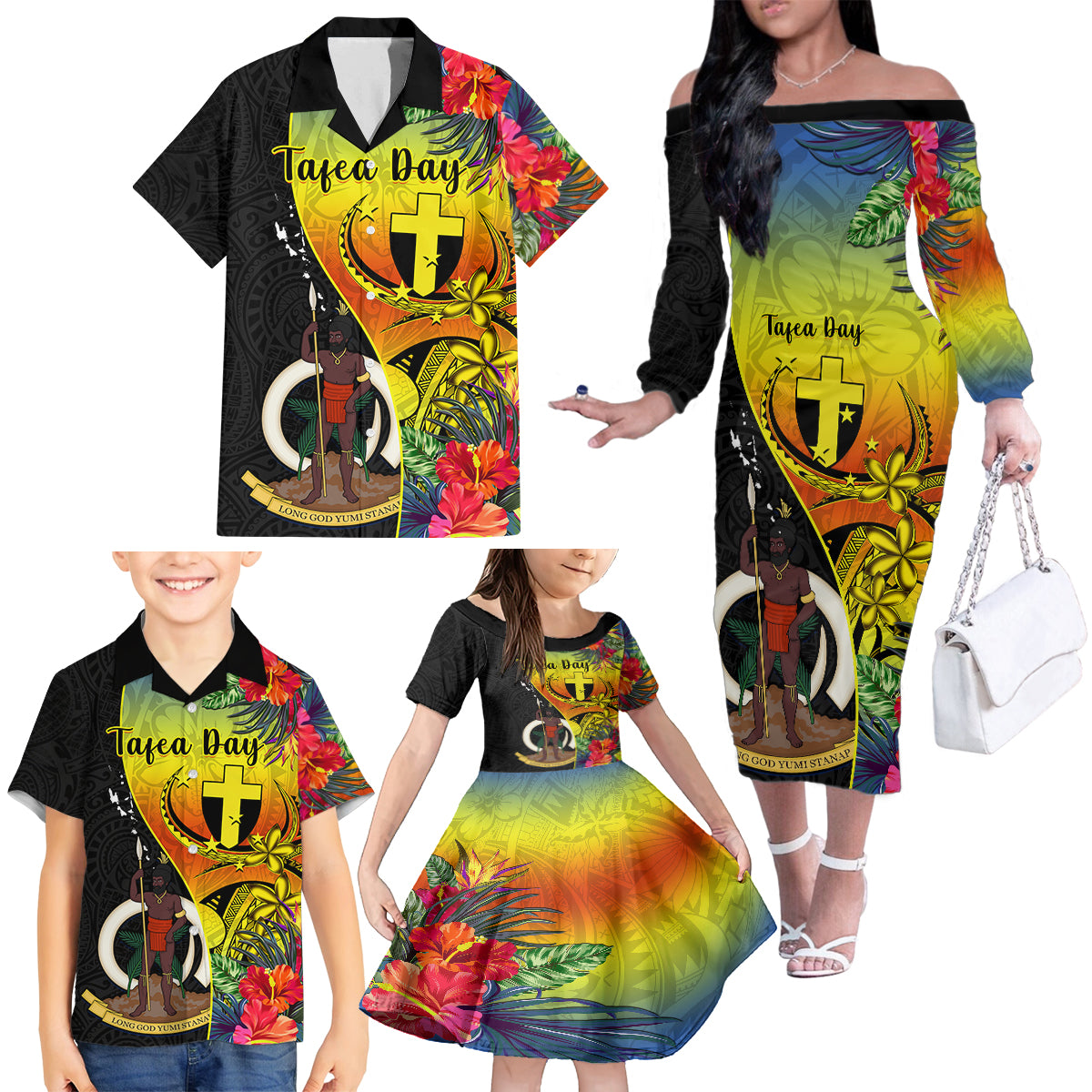 Personalised Vanuatu Tafea Day Family Matching Off Shoulder Long Sleeve Dress and Hawaiian Shirt Coat Of Arms Mix Tropical Flowers - Wonder Print Shop