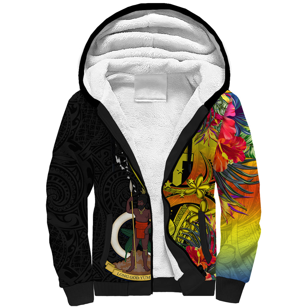 Personalised Vanuatu Tafea Day Sherpa Hoodie Coat Of Arms Mix Tropical Flowers - Wonder Print Shop