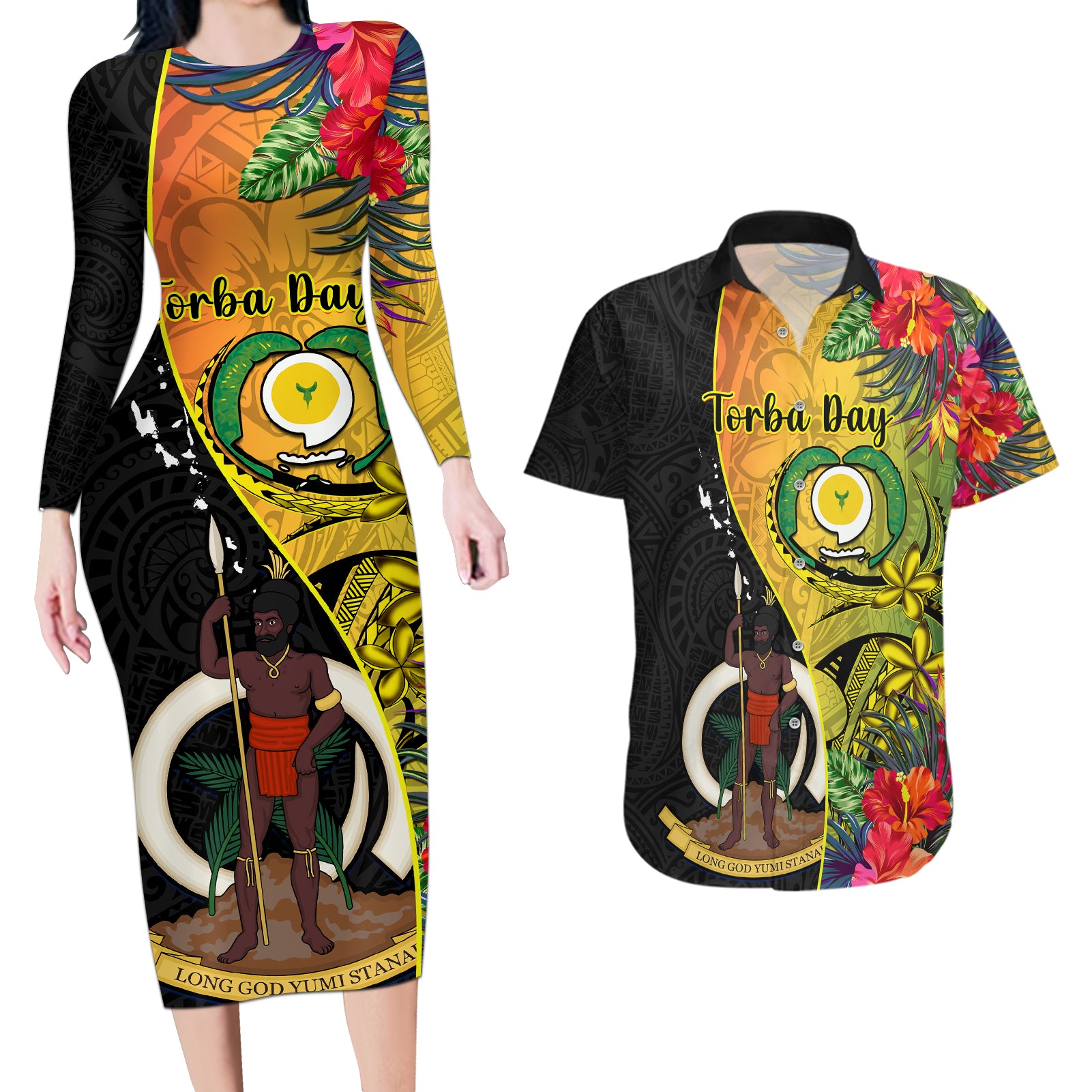 Vanuatu Torba Day Couples Matching Long Sleeve Bodycon Dress and Hawaiian Shirt Coat Of Arms Mix Tropical Flowers - Wonder Print Shop