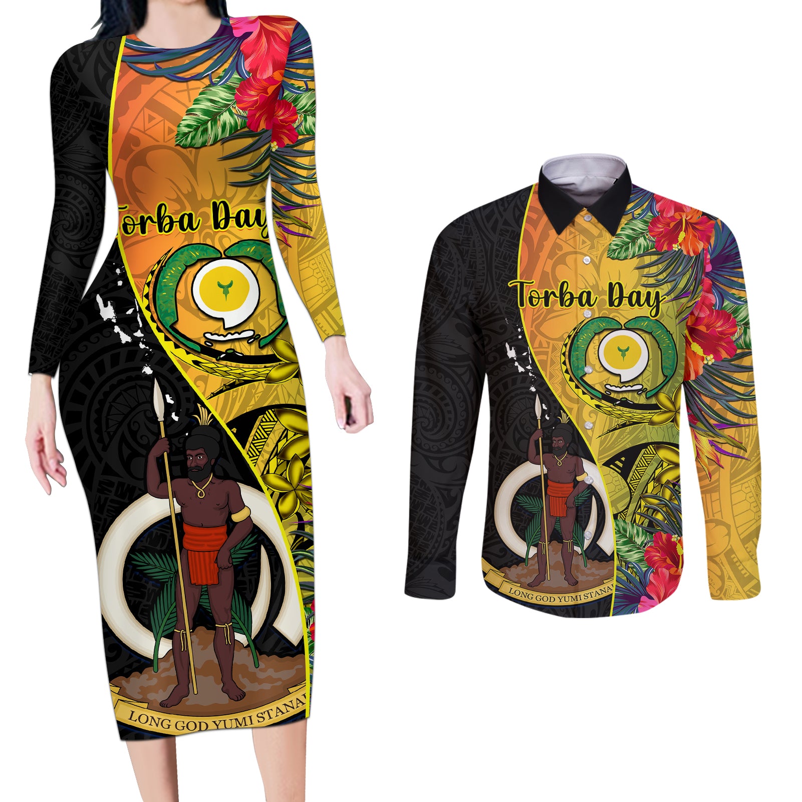 Vanuatu Torba Day Couples Matching Long Sleeve Bodycon Dress and Long Sleeve Button Shirts Coat Of Arms Mix Tropical Flowers - Wonder Print Shop