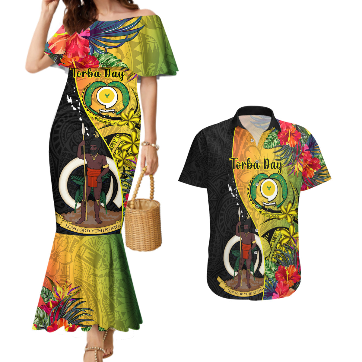 Vanuatu Torba Day Couples Matching Mermaid Dress and Hawaiian Shirt Coat Of Arms Mix Tropical Flowers - Wonder Print Shop