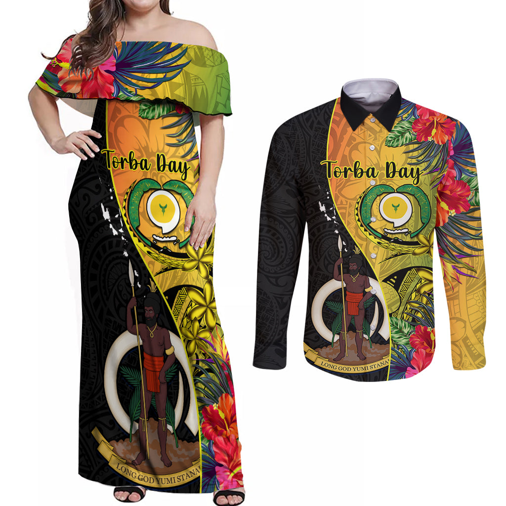 Vanuatu Torba Day Couples Matching Off Shoulder Maxi Dress and Long Sleeve Button Shirts Coat Of Arms Mix Tropical Flowers - Wonder Print Shop