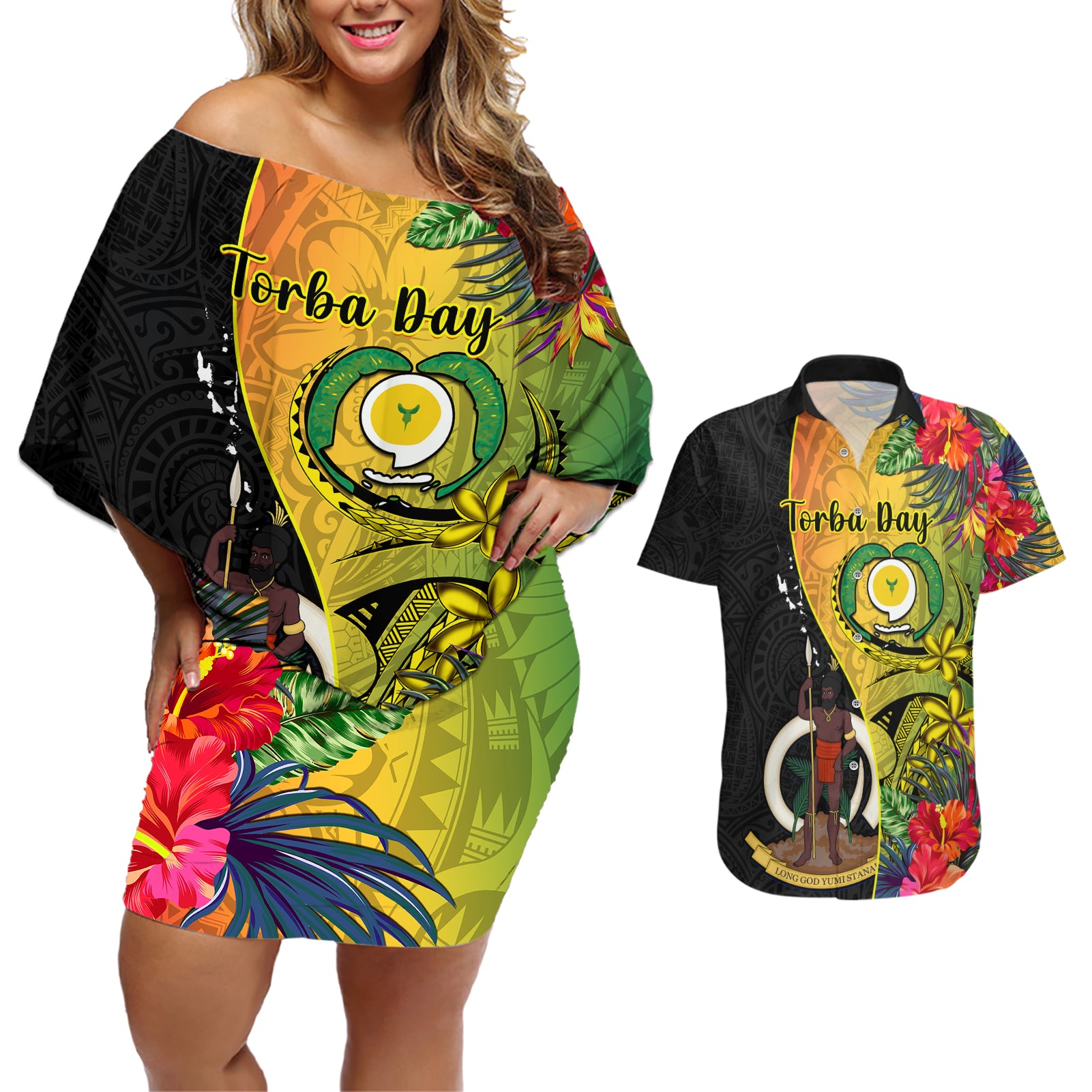 Vanuatu Torba Day Couples Matching Off Shoulder Short Dress and Hawaiian Shirt Coat Of Arms Mix Tropical Flowers - Wonder Print Shop