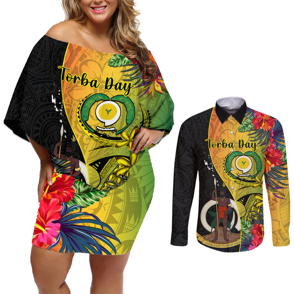 Vanuatu Torba Day Couples Matching Off Shoulder Short Dress and Long Sleeve Button Shirts Coat Of Arms Mix Tropical Flowers - Wonder Print Shop