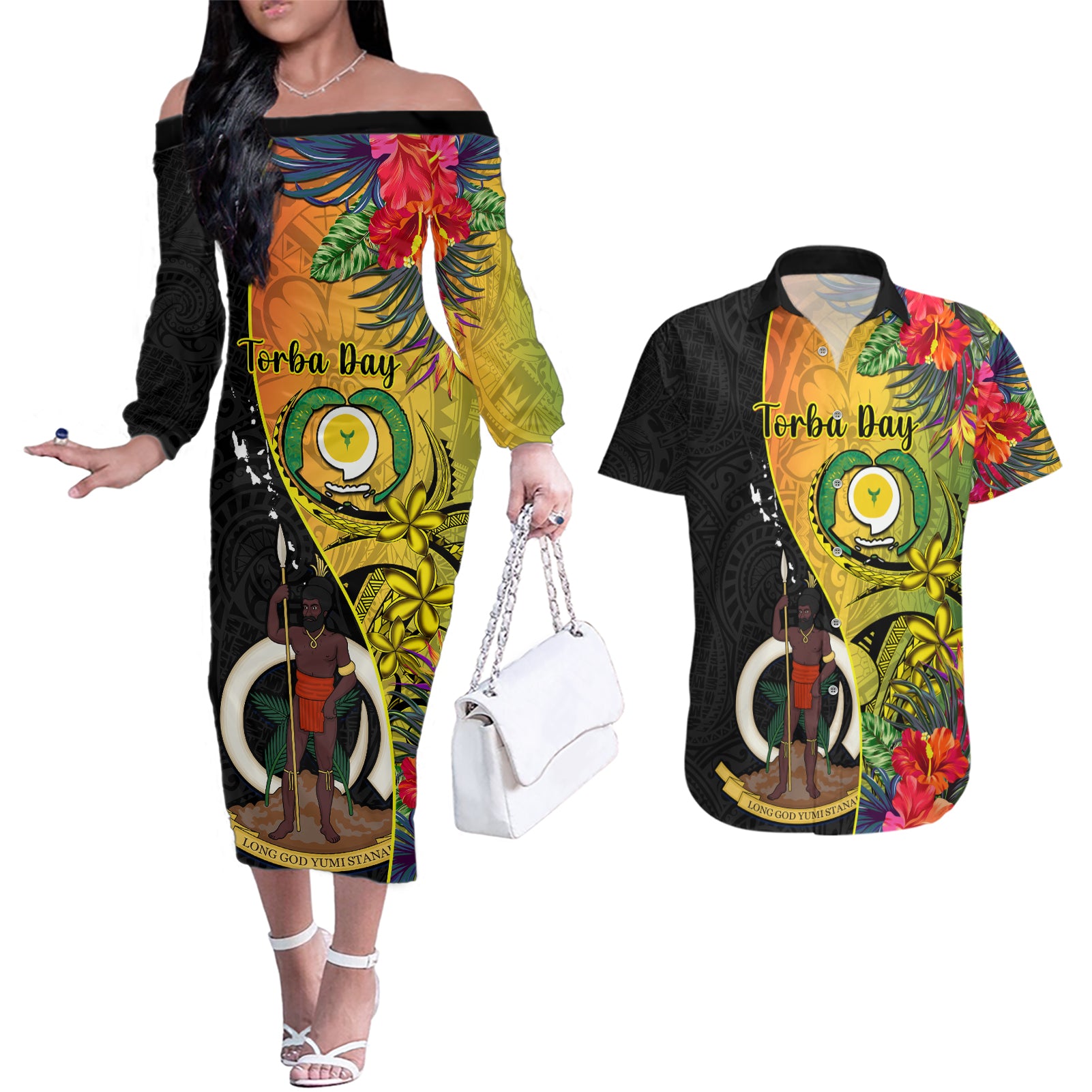 Vanuatu Torba Day Couples Matching Off The Shoulder Long Sleeve Dress and Hawaiian Shirt Coat Of Arms Mix Tropical Flowers - Wonder Print Shop