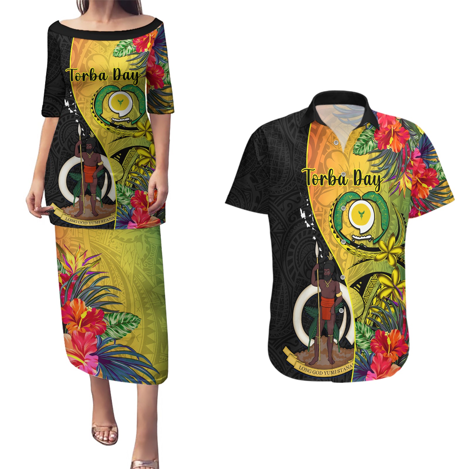 Vanuatu Torba Day Couples Matching Puletasi Dress and Hawaiian Shirt Coat Of Arms Mix Tropical Flowers - Wonder Print Shop