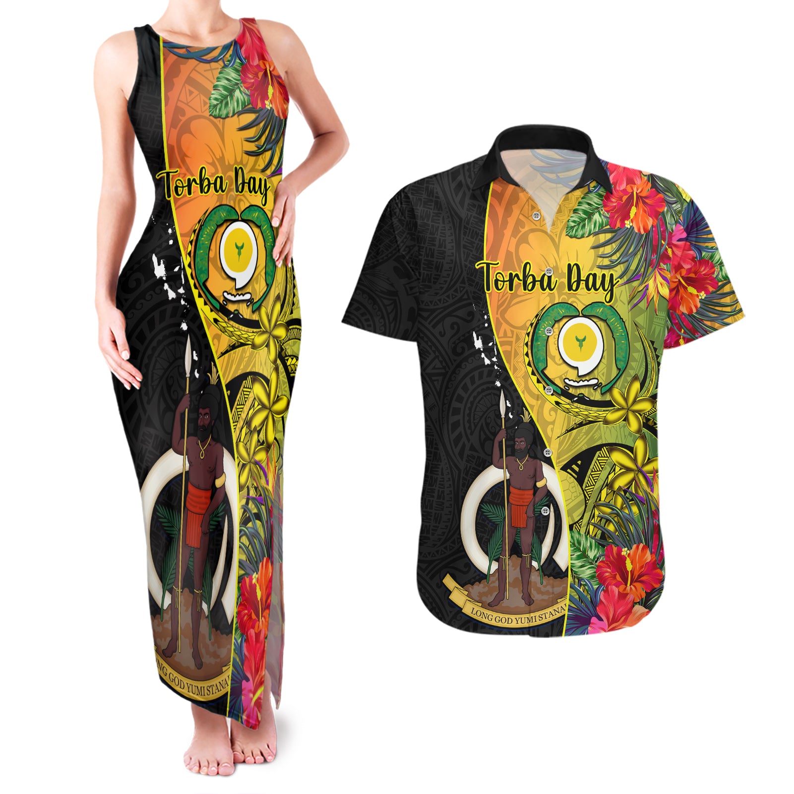 Vanuatu Torba Day Couples Matching Tank Maxi Dress and Hawaiian Shirt Coat Of Arms Mix Tropical Flowers - Wonder Print Shop