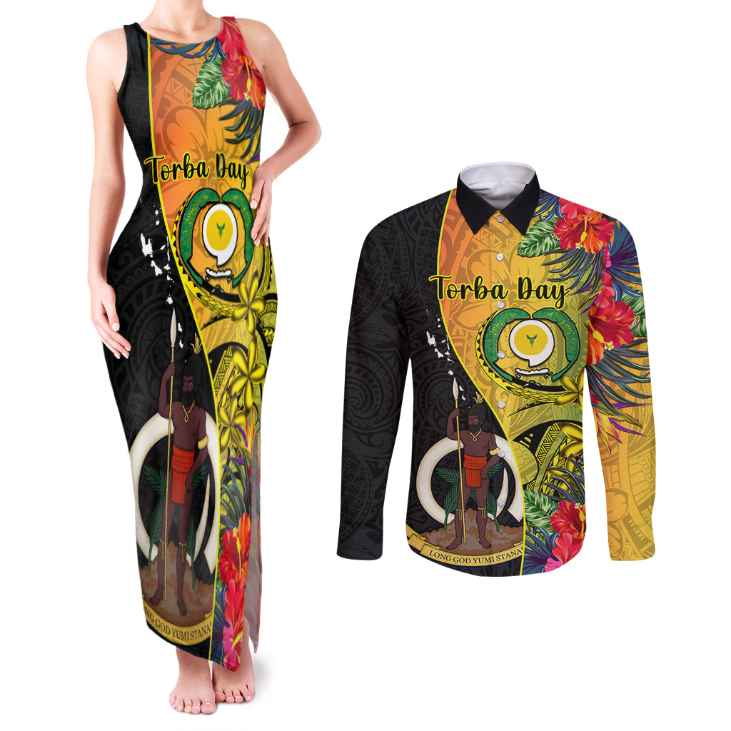 Vanuatu Torba Day Couples Matching Tank Maxi Dress and Long Sleeve Button Shirts Coat Of Arms Mix Tropical Flowers - Wonder Print Shop