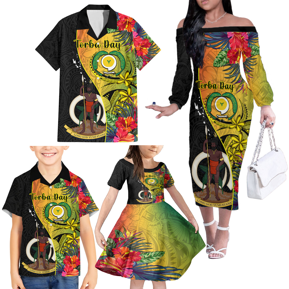 Vanuatu Torba Day Family Matching Off Shoulder Long Sleeve Dress and Hawaiian Shirt Coat Of Arms Mix Tropical Flowers - Wonder Print Shop