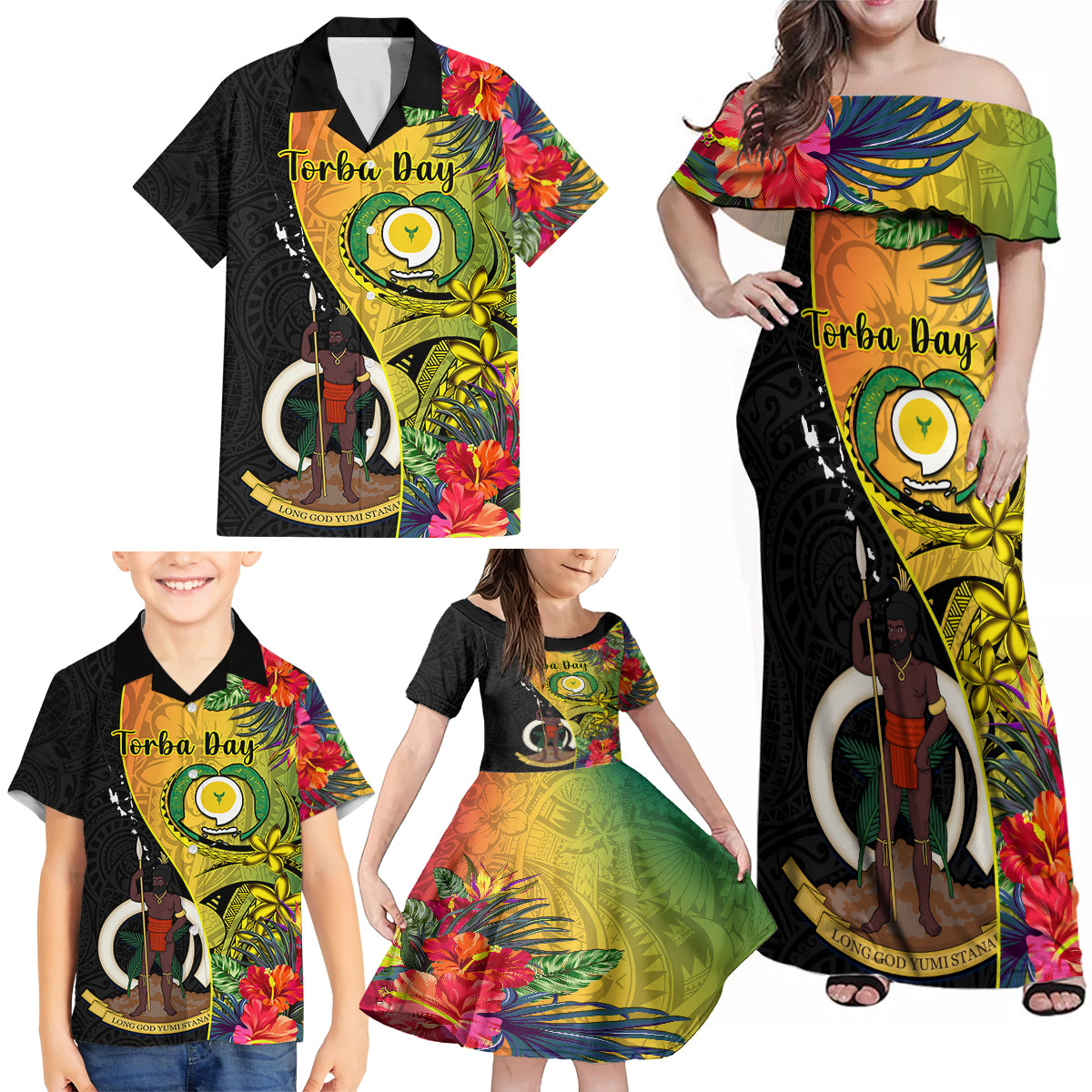 Vanuatu Torba Day Family Matching Off Shoulder Maxi Dress and Hawaiian Shirt Coat Of Arms Mix Tropical Flowers - Wonder Print Shop